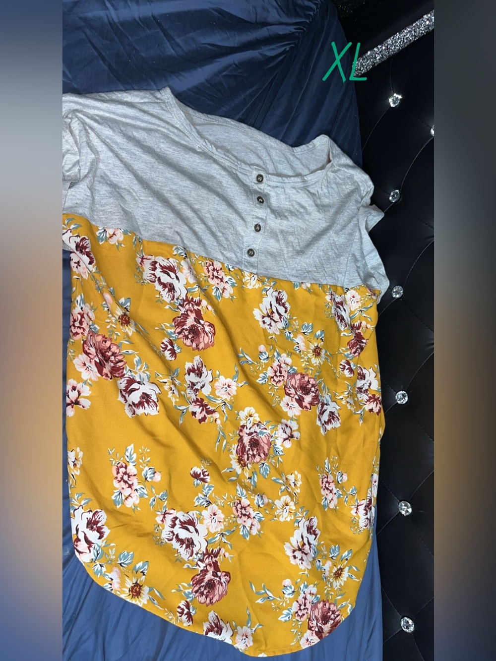 Floral Colorblock Short Sleeve Top - Mustard/Gray
